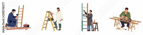 Set of illustrations showing diverse professionals constructing, repairing, and using ladders with various tools and safety gear.
