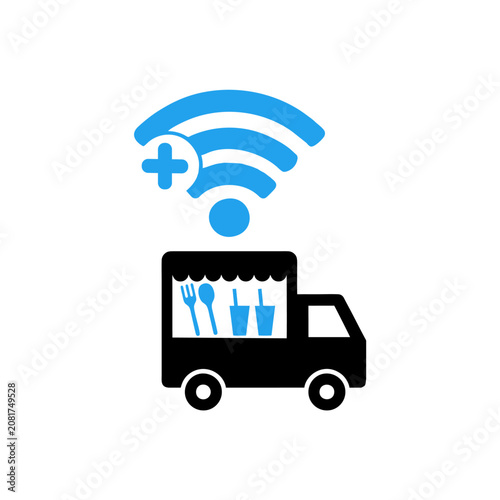 A minimalist flat vector icon featuring a mobile food vendor cart with a canopy, set against a white background.
