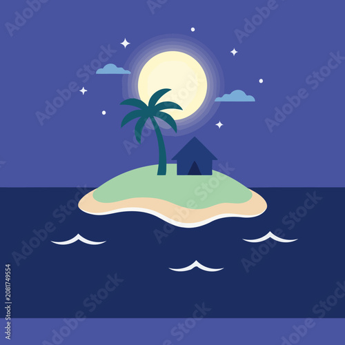 A small tropical island glows under a bright full moon