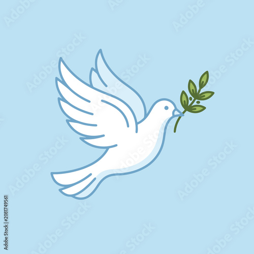A white dove flies with a green olive branch