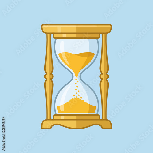 A golden hourglass with falling sand on a blue background
