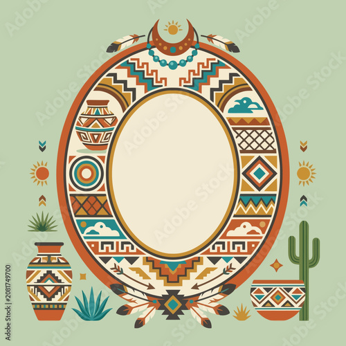 Southwestern tribal frame with pottery and cactus