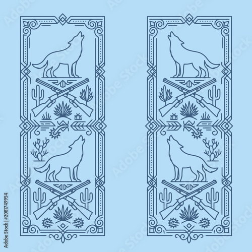 Blue line art of howling wolves and rifles