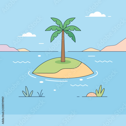 A tropical palm tree stands on a small island