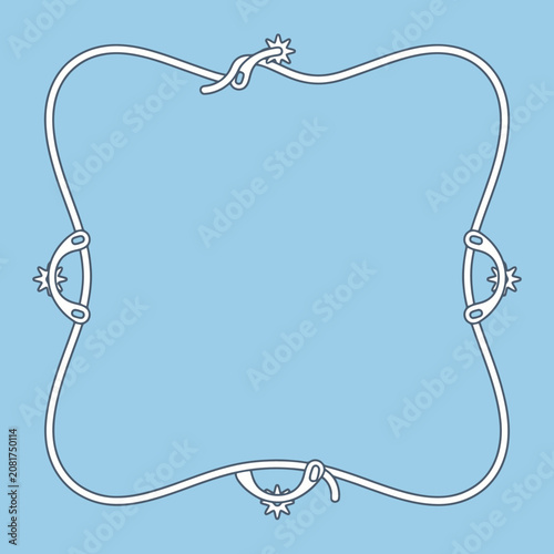 A white rope frame with spurs on a blue background