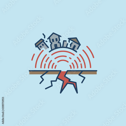 A flat icon showing houses damaged by an earthquake