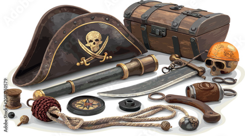 Foto Vintage Pirate Adventure Vector Elements Set with Captain Hat, Wooden Chest, Spy