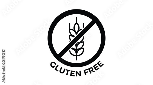 Minimalist black and white gluten free icon featuring a wheat stalk inside a circular symbol