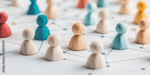 Human resources and social networking concept with colorful wooden figures connected by lines, corporate team structure background banner.