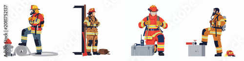 Set of professional firefighter characters in full protective gear with firefighting equipment, flat vector illustrations isolated on white background.