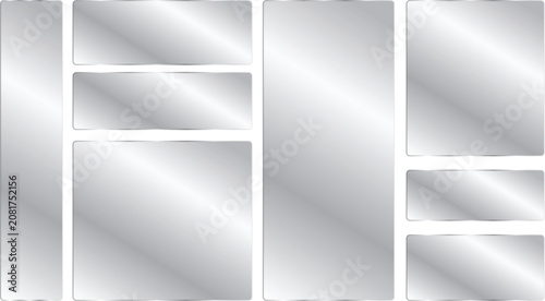 Set of metallic silver glossy rectangular frames, buttons and banners with beveled edges, shiny chrome ui elements for web design, interface icons, and digital graphics