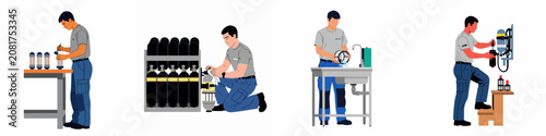 Fényképezés Illustrations of a professional technician performing maintenance, cleaning, and inspection on scuba diving equipment and breathing apparatus in a technical workshop environment