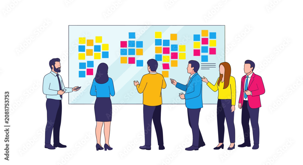 Fototapeta premium Professional Team Collaborating Around Glass Whiteboard With Colorful Sticky Notes During Creative Brainstorming Session