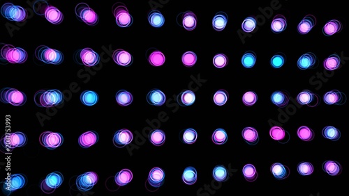 A grid of glowing pink and blue blurred circles forming an abstract digital pattern on a black background