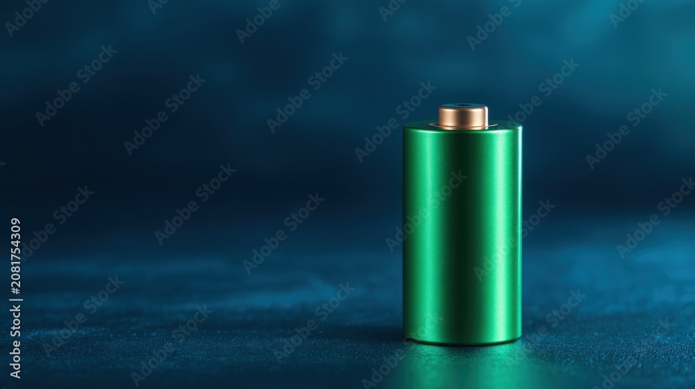Fototapeta premium Striking green metallic battery, highlighting eco friendly power storage and modern innovation concept.