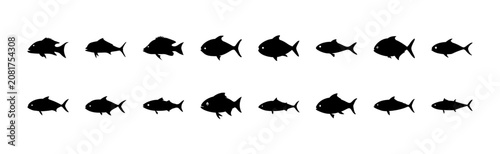 Two rows of black fish icons in line - Simple vector illustration showing two rows of black fish icons aligned in a single direction, ideal for web design or presentations.
