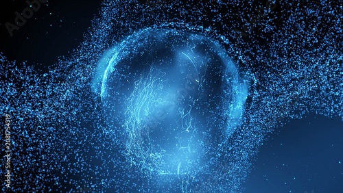 An animated glowing blue sphere surrounded by swirling light particles and energy trails in a dark space