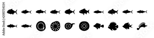 Black and white fish icons with sea creatures - Minimalist vector icons of black fish and sea creatures arranged in rows, perfect for marine-themed projects or underwater illustrations.
