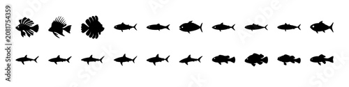 Black fish icons swimming in different directions - Minimalist black fish icons moving left, right, and straight in a clean line formation for web and graphic design use.
