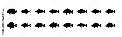 Set of black fish icons in simple line style - Minimalist black fish icons arranged in two rows, perfect for web design, presentations, or educational materials.