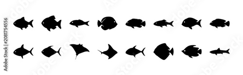 Black fish icons in various styles and orientations - Minimalist black fish icons in different shapes, poses, and orientations for versatile graphic use.