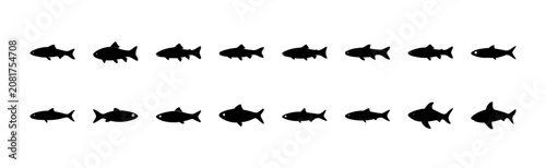 Two rows of black fish icons in line - Simple vector illustration of two rows of sleek black fish icons aligned neatly in a row, perfect for educational or design projects.