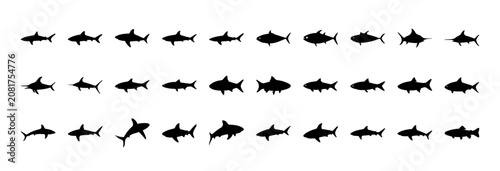 School of black fish swimming in line - A clean and stylized vector illustration of a school of black fish swimming in a straight line formation.