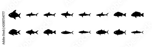 Black fish icons in a line formation - Minimalist black fish icons arranged neatly in two horizontal rows, ideal for web design or illustrative purposes.