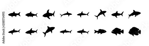 Black fish icons in a row - Simple set of black silhouette fish icons arranged neatly in two rows for design or illustration use
