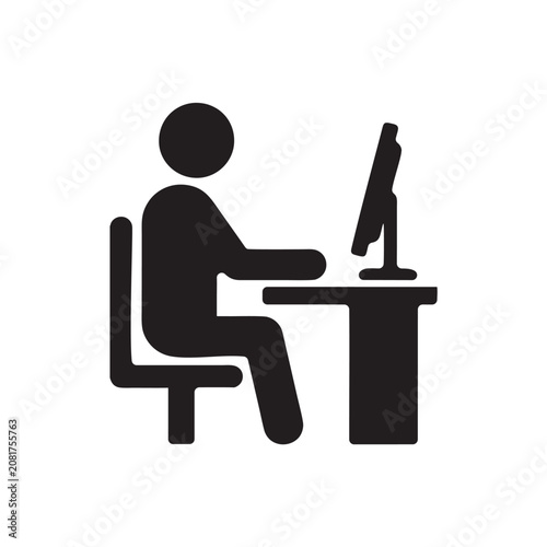 Minimalist vector icon of a person working at a desk on a desktop computer. Clean flat design representing office work