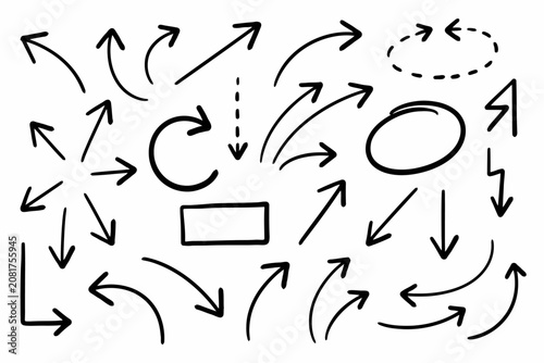 A collection of various hand-drawn black ink arrows, circles, and shapes on a white background, for annotating documents, or digital media