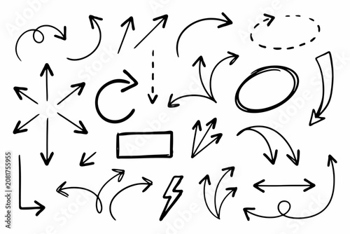 A collection of various hand-drawn black ink arrows, circles, and shapes on a white background, for annotating documents, or digital media
