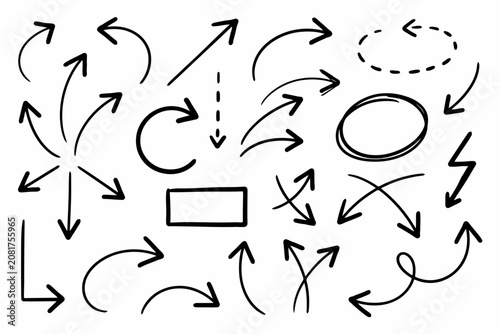 A collection of various hand-drawn black ink arrows, circles, and shapes on a white background, for annotating documents, or digital media
