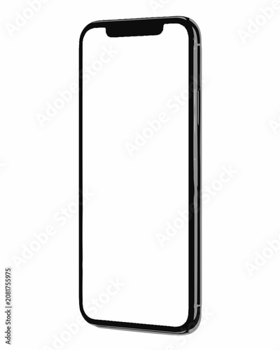 A realistic black smartphone with a blank white screen isolated on a white background, angled view for mobile app interface display purposes
