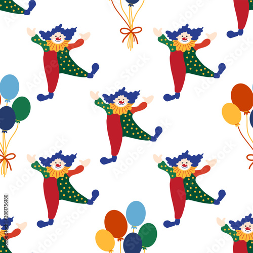 Seamless pattern with CIRCUS theme. Clowns, strongmen, lions, magic hat, hare in hat, holiday balloons tents. Circus characters. Cartoon flat style
