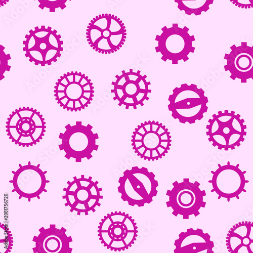 Gears and cogs, pink and purple for girls. Abstract engineering concepts. Wonderland, clockwork.