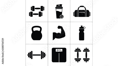 Set of black fitness icons featuring gym equipment and muscle silhouettes on a clean white background