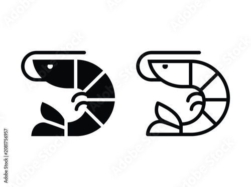 Black and white shrimp icon set for food menu and restaurant design Vector