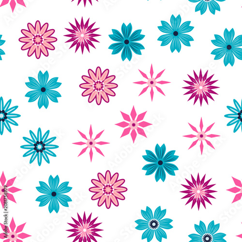 Simple floral ornament. Abstract vector seamless pattern with large flowers. Vintage background in blue and pink. Old-fashioned floral texture. Repeating design for decor and fabric.