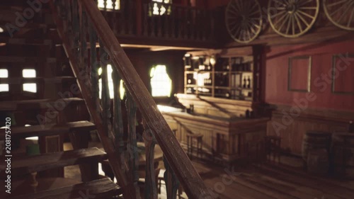 Narrow wooden staircase leading into shadowed bar alcove, whispered history of clandestine meetings, creaking banister and faded paint, moody lantern glow