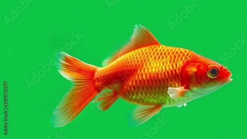 Vibrant orange goldfish swimming gracefully against a solid green screen  background in a studio setting