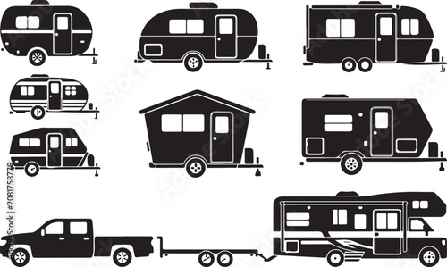 Variety of black and white camper trailers and rv illustrations