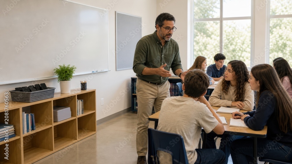 Obraz premium School Phone Ban Brazilian middle aged man inside classroom