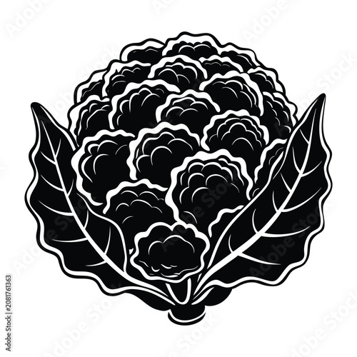 Black cauliflower silhouette icon with organic fresh vegetable shape isolated minimal vector graphic design