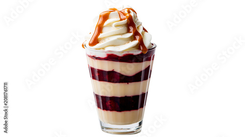 Photos Layered dessert with cream berry jam and caramel sauce, isolated on transparent