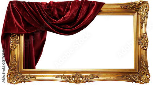 Quadro su tela Ornate golden baroque picture frame with draped red velvet fabric, isolated on t