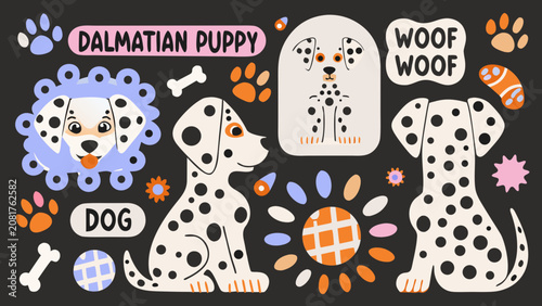 Cuadro en lienzo Dalmatian puppy illustrations with paw prints and bone shapes in a colorful vect
