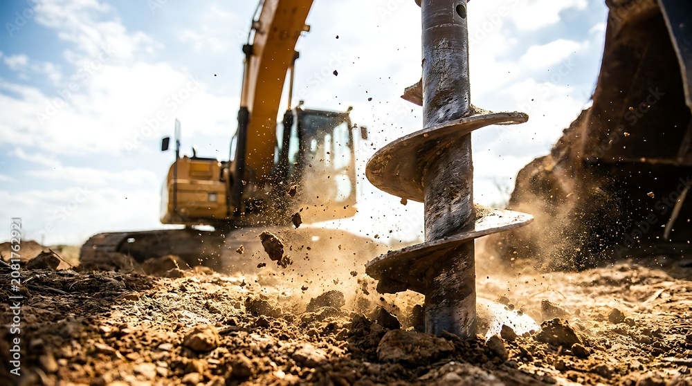Fototapeta premium Heavy construction excavator with large auger drill bit boring into dry cracked earth soil sending dirt flying outward on sunny day with bright sun flare over horizon.