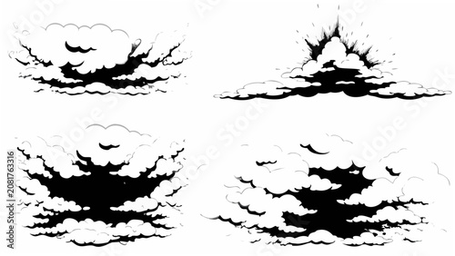 Fotografía Four dramatic cloud formations depicted in a black and white vector illustration