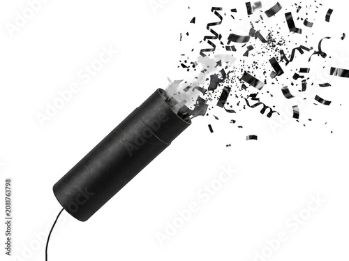 Confetti popper erupting with metallic streamers during a celebration isolated on transparent background